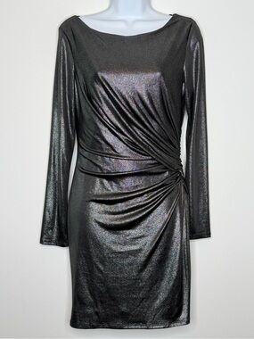 Soprano Black Silver Metallic Ruched Long Sleeve Dress
